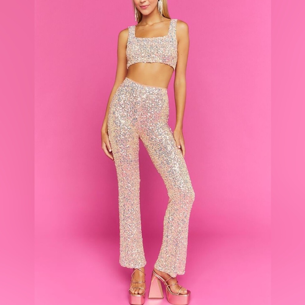 Iridescent sequin flare stretch pants nwot - Picture 2 of 3